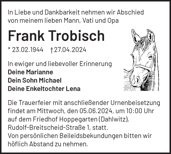 Traueranzeige von Frank Trobisch von Märkische Oderzeitung
