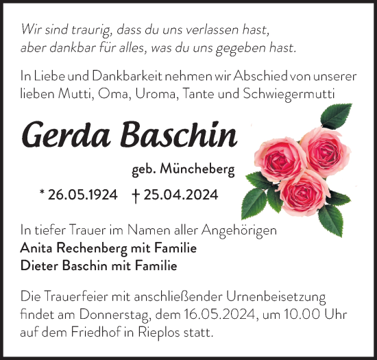 Traueranzeige von Gerda Baschin von Märkische Oderzeitung