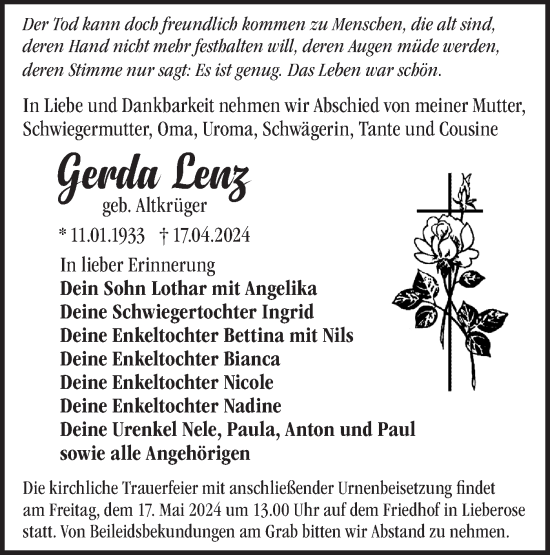Traueranzeige von Gerda Lenz von Märkische Oderzeitung