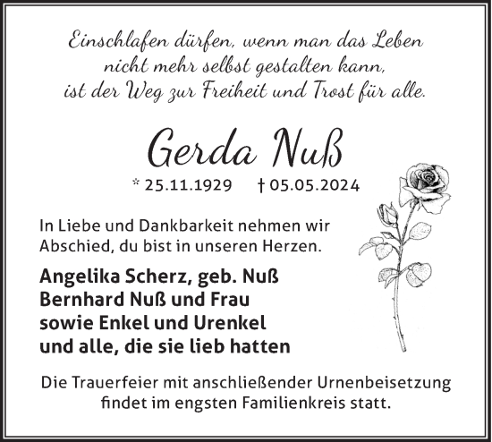Traueranzeige von Gerda Nuß von Märkische Oderzeitung
