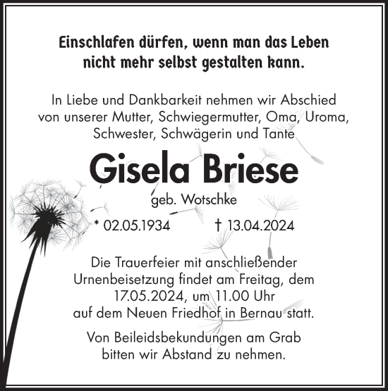 Traueranzeige von Gisela Briese von Märkische Oderzeitung