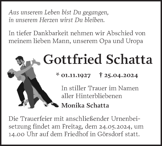 Traueranzeige von Gottfried Schatta von Märkische Oderzeitung