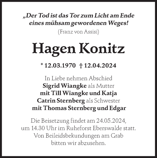 Traueranzeige von Hagen Konitz von Märkische Oderzeitung