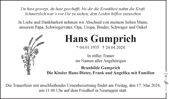 Traueranzeige von Hans Gumprich von Märkische Oderzeitung