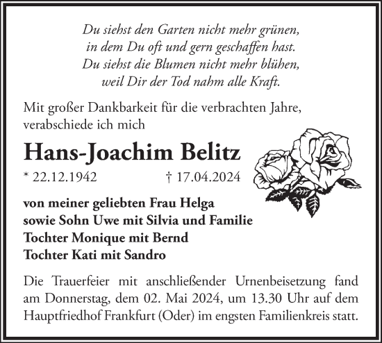 Traueranzeige von Hans-Joachim Belitz von Märkische Oderzeitung