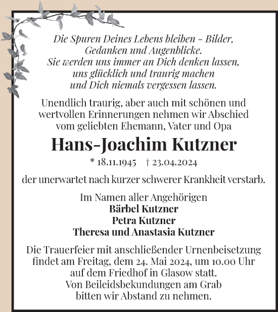 Traueranzeige von Hans-Joachim Kutzner von Märkische Oderzeitung