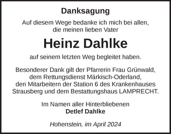 Traueranzeige von Heinz Dahlke von Märkische Oderzeitung