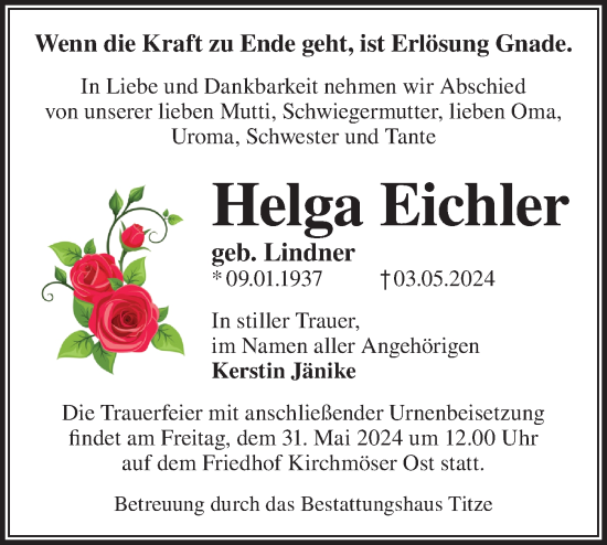 Traueranzeige von Helga Eichler von Märkische Oderzeitung