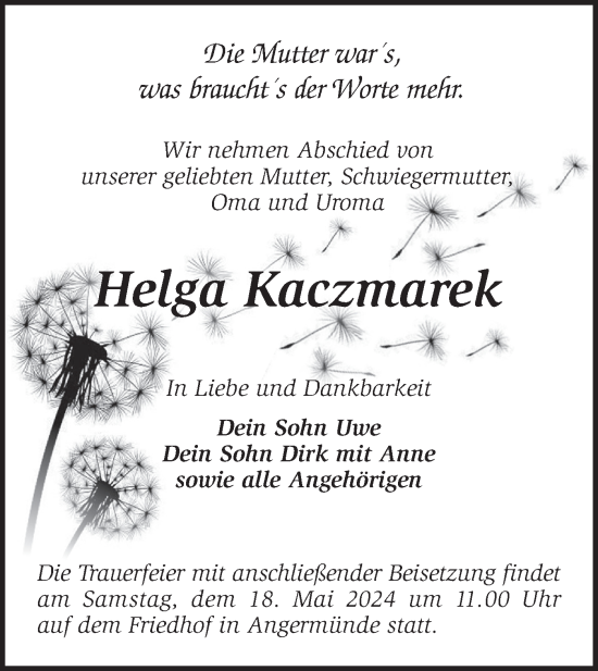 Traueranzeige von Helga Kaczmarek von Märkische Oderzeitung
