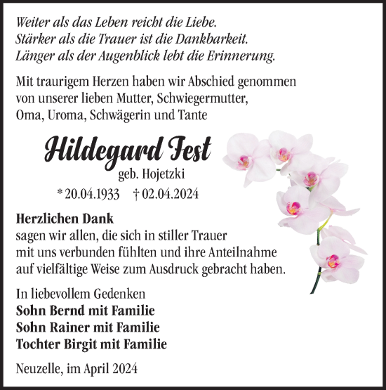 Traueranzeige von Hildegard Fest von Märkische Oderzeitung