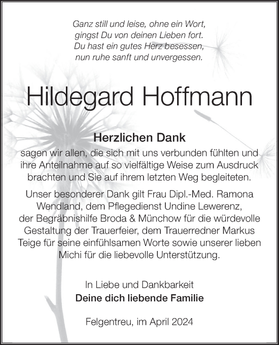 Traueranzeige von Hildegard Hoffmann von Märkische Oderzeitung