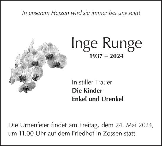 Traueranzeige von Inge Runge von Märkische Oderzeitung