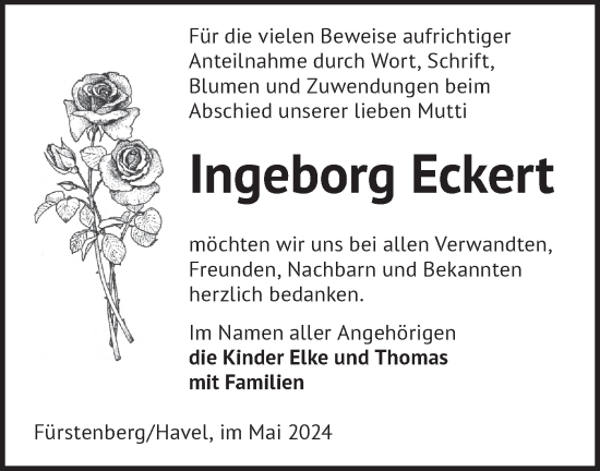 Traueranzeige von Ingeborg Eckert von Märkische Oderzeitung