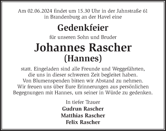 Traueranzeige von Johannes Rascher von Märkische Oderzeitung
