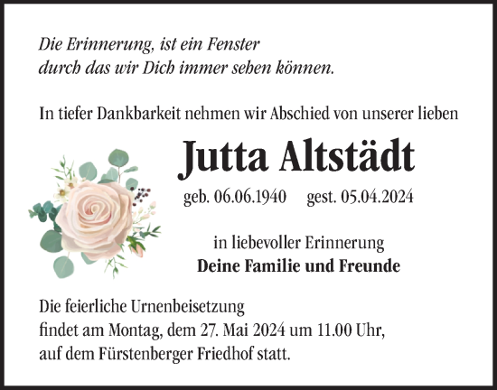 Traueranzeige von Jutta Altstädt von Märkische Oderzeitung