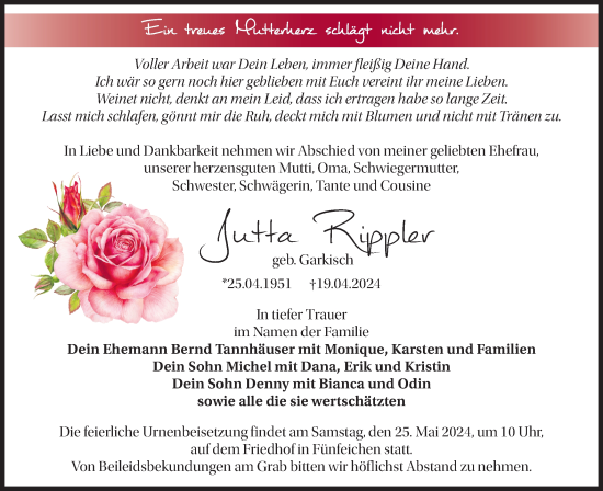 Traueranzeige von Jutta Rippler von Märkische Oderzeitung