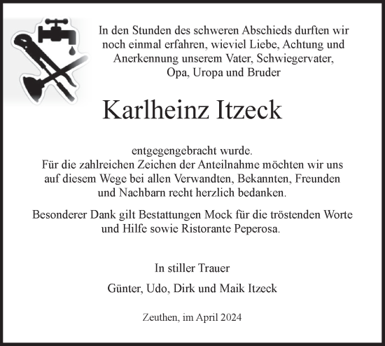 Traueranzeige von Karlheinz Itzeck von Märkische Oderzeitung