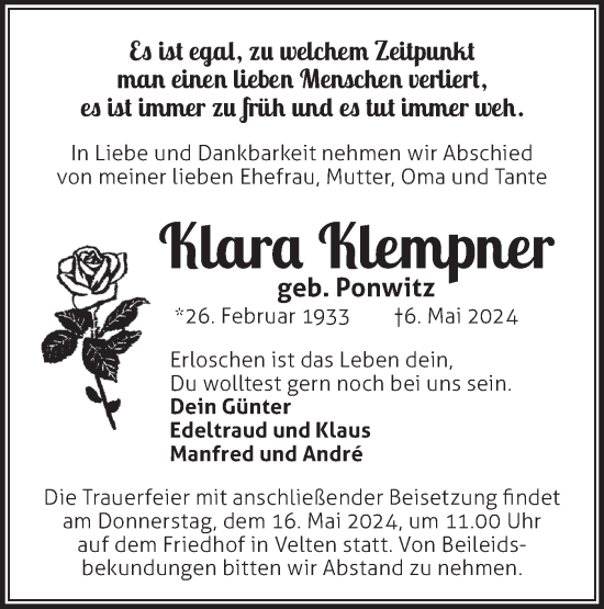 Traueranzeige von Klara Klempner von Märkische Oderzeitung