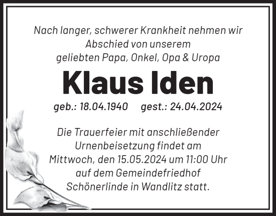 Traueranzeige von Klaus Iden von Märkische Oderzeitung