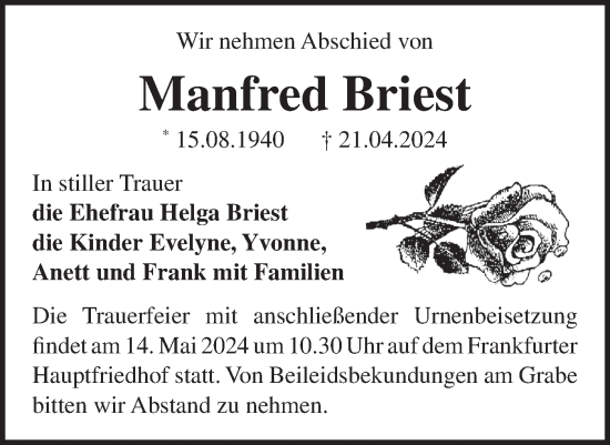 Traueranzeige von Manfred Briest von Märkische Oderzeitung