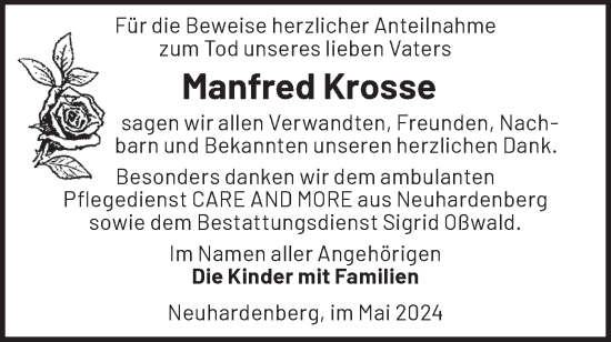 Traueranzeige von Manfred Krosse von Märkische Oderzeitung