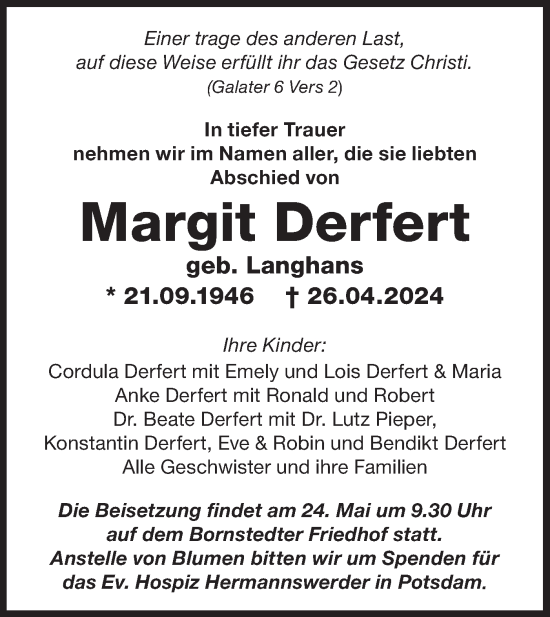 Traueranzeige von Margit Derfert von Märkische Oderzeitung