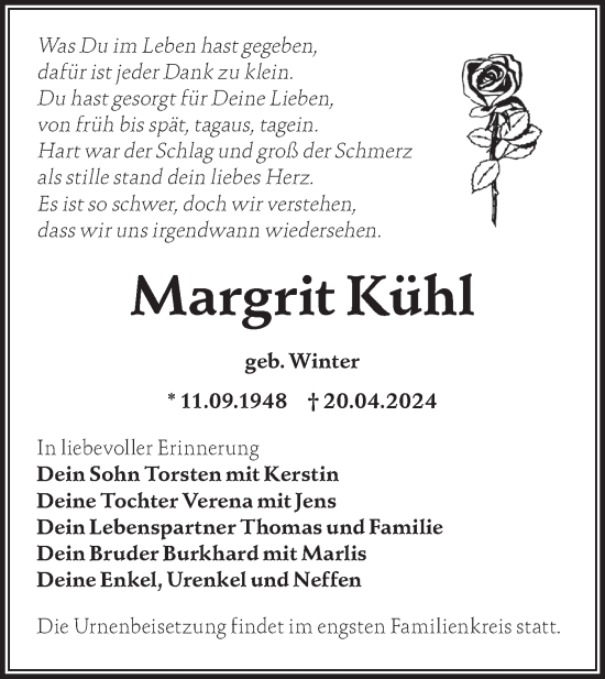 Traueranzeige von Margrit Kühl von Märkische Oderzeitung