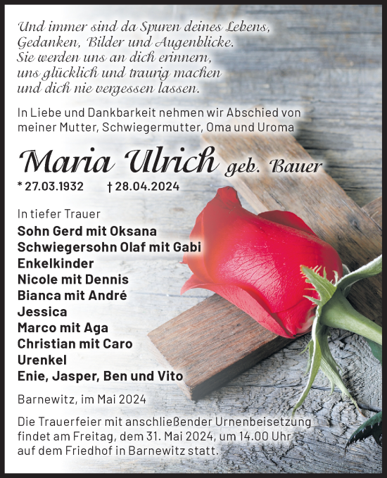 Traueranzeige von Maria Ulrich von Märkische Oderzeitung