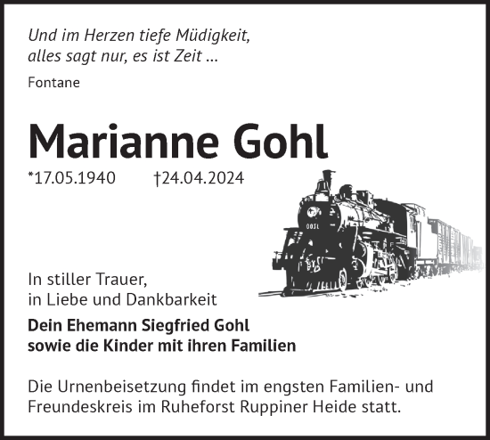 Traueranzeige von Marianne Gohl von Märkische Oderzeitung