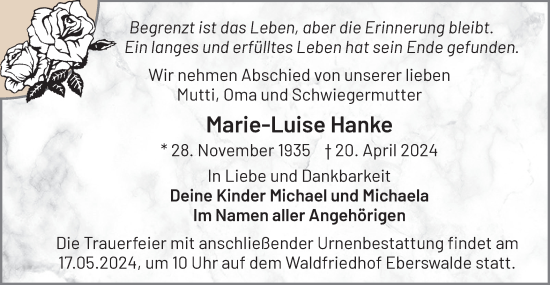 Traueranzeige von Marie-Luise Hanke von Märkische Oderzeitung