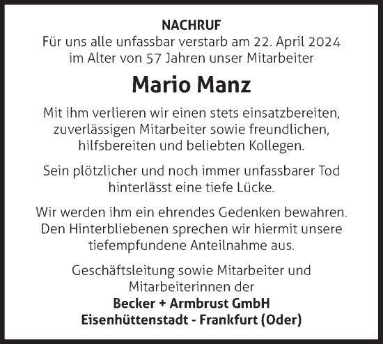 Traueranzeige von Mario Manz von Märkische Oderzeitung