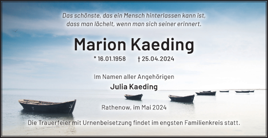 Traueranzeige von Marion Kaeding von Märkische Oderzeitung