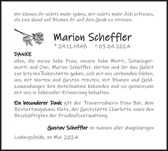 Traueranzeige von Marion Scheffler von Märkische Oderzeitung