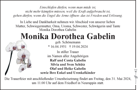 Traueranzeige von Monika Dorothea Gabelin von Märkische Oderzeitung