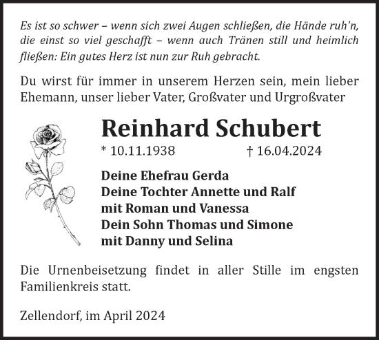 Traueranzeige von Reinhard Schubert von Märkische Oderzeitung