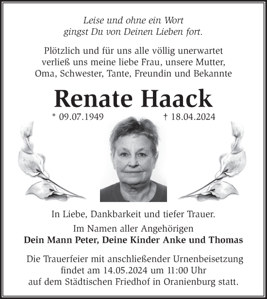 Traueranzeige von Renate Haack von Märkische Oderzeitung
