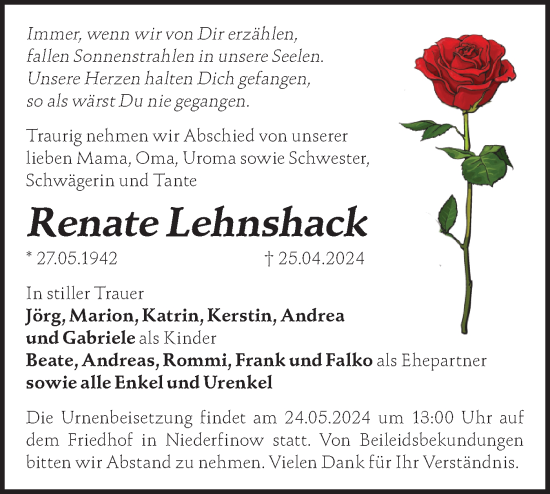 Traueranzeige von Renate Lehnshack von Märkische Oderzeitung
