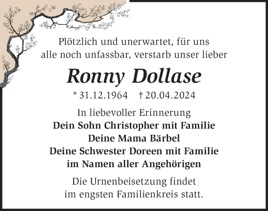 Traueranzeige von Ronny Dollase von Märkische Oderzeitung