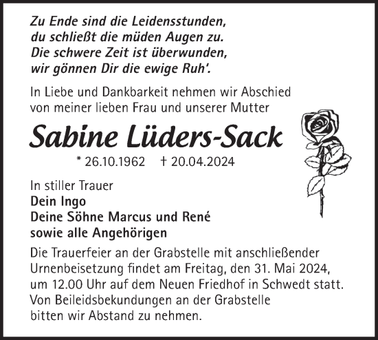 Traueranzeige von Sabine Lüders-Sack von Märkische Oderzeitung