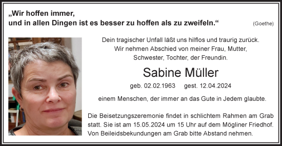 Traueranzeige von Sabine Müller von Märkische Oderzeitung
