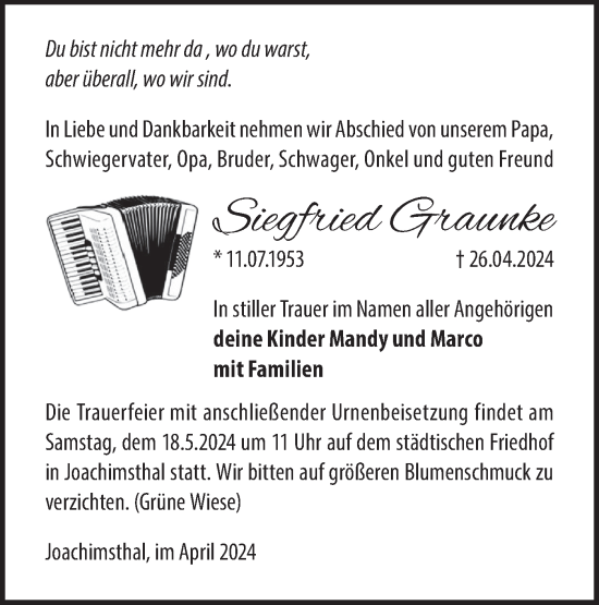 Traueranzeige von Siegfried Graunke von Märkische Oderzeitung