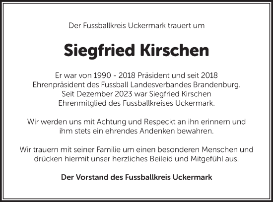 Traueranzeige von Siegfried Kirschen von Märkische Oderzeitung