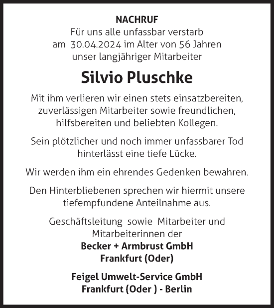 Traueranzeige von Silvio Pluschke von Märkische Oderzeitung