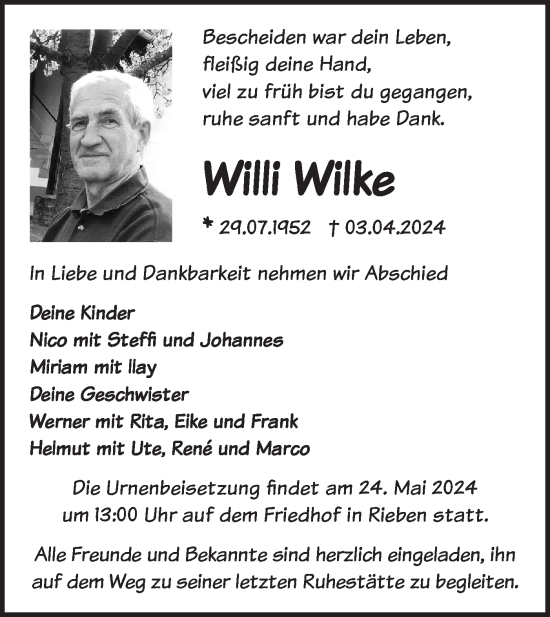 Traueranzeige von Willi Wilke von Märkische Oderzeitung