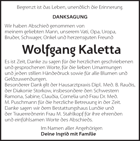 Traueranzeige von Wolfgang Kaletta von Märkische Oderzeitung