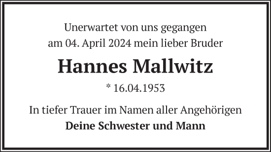 Traueranzeigen von Hannes Mallwitz Märkische Onlinezeitung Trauerportal