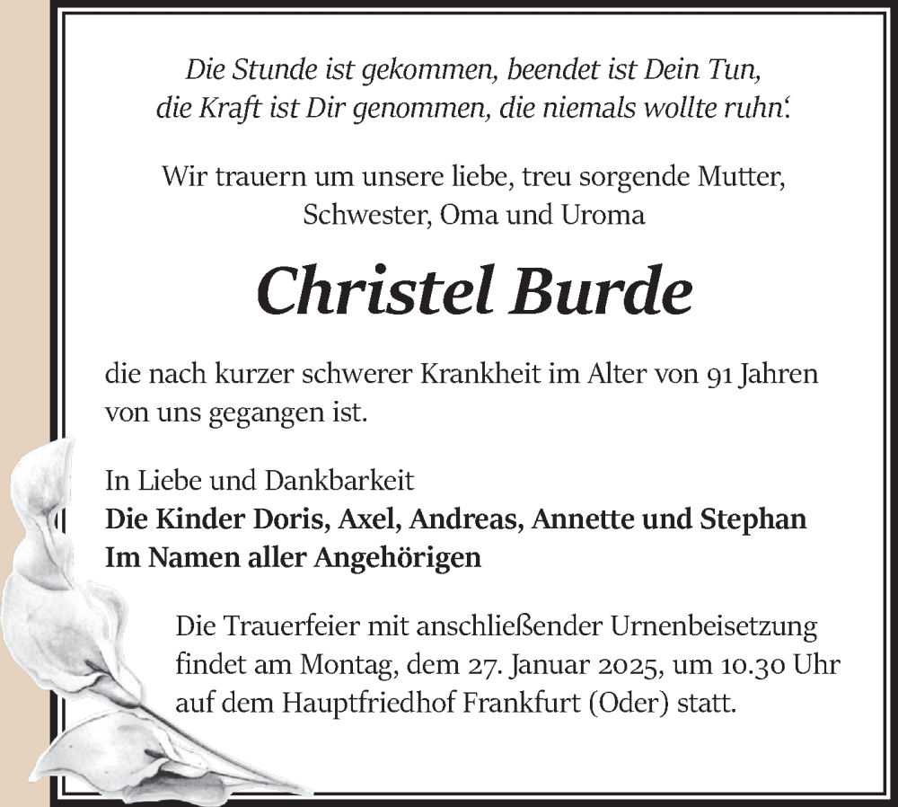 Traueranzeigen von Christel Burde Märkische Onlinezeitung Trauerportal