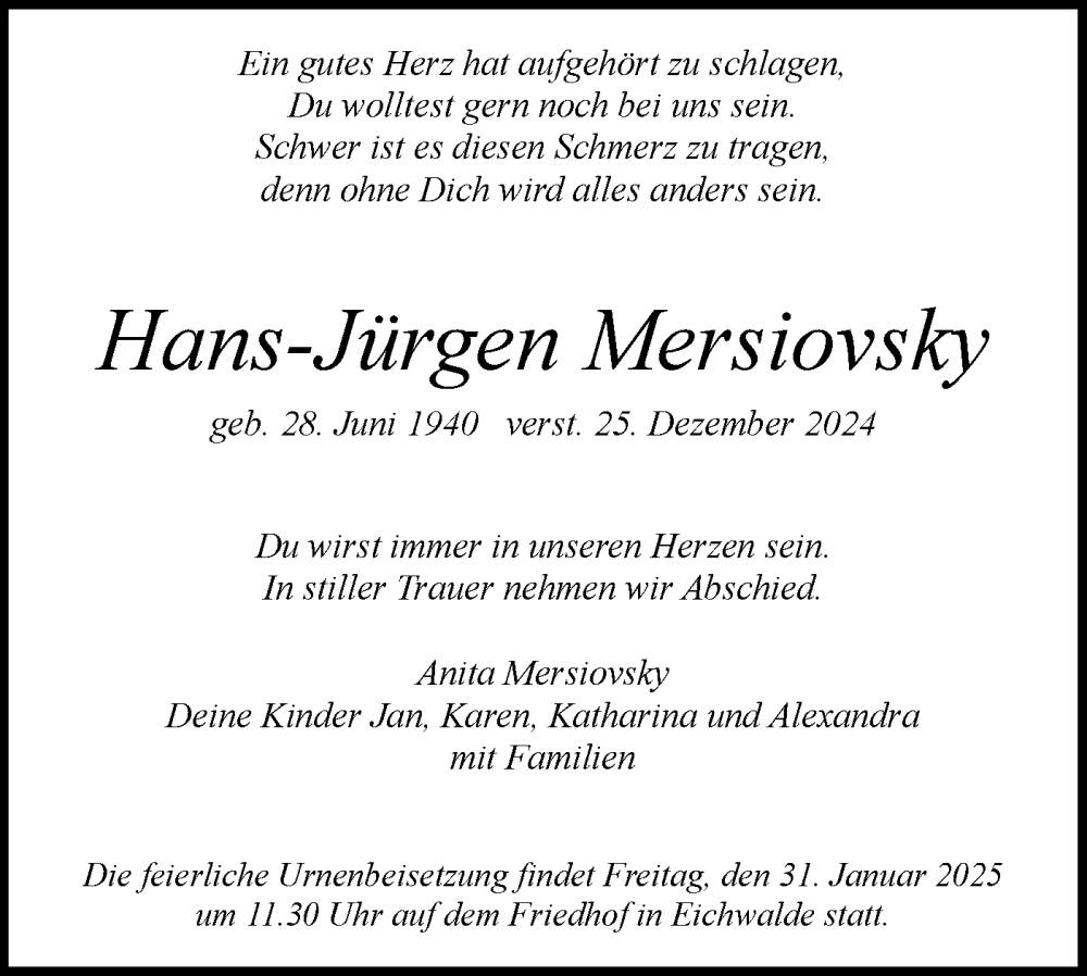 Traueranzeigen Von Hans J Rgen Mersiovsky M Rkische Onlinezeitung