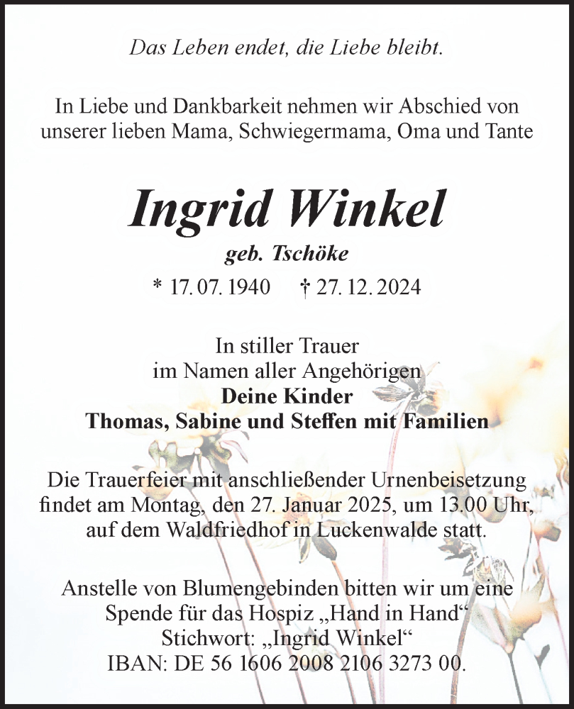 Traueranzeigen Von Ingrid Winkel M Rkische Onlinezeitung Trauerportal