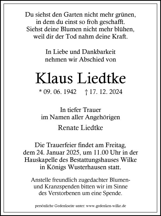 Traueranzeigen Von Klaus Liedtke M Rkische Onlinezeitung Trauerportal